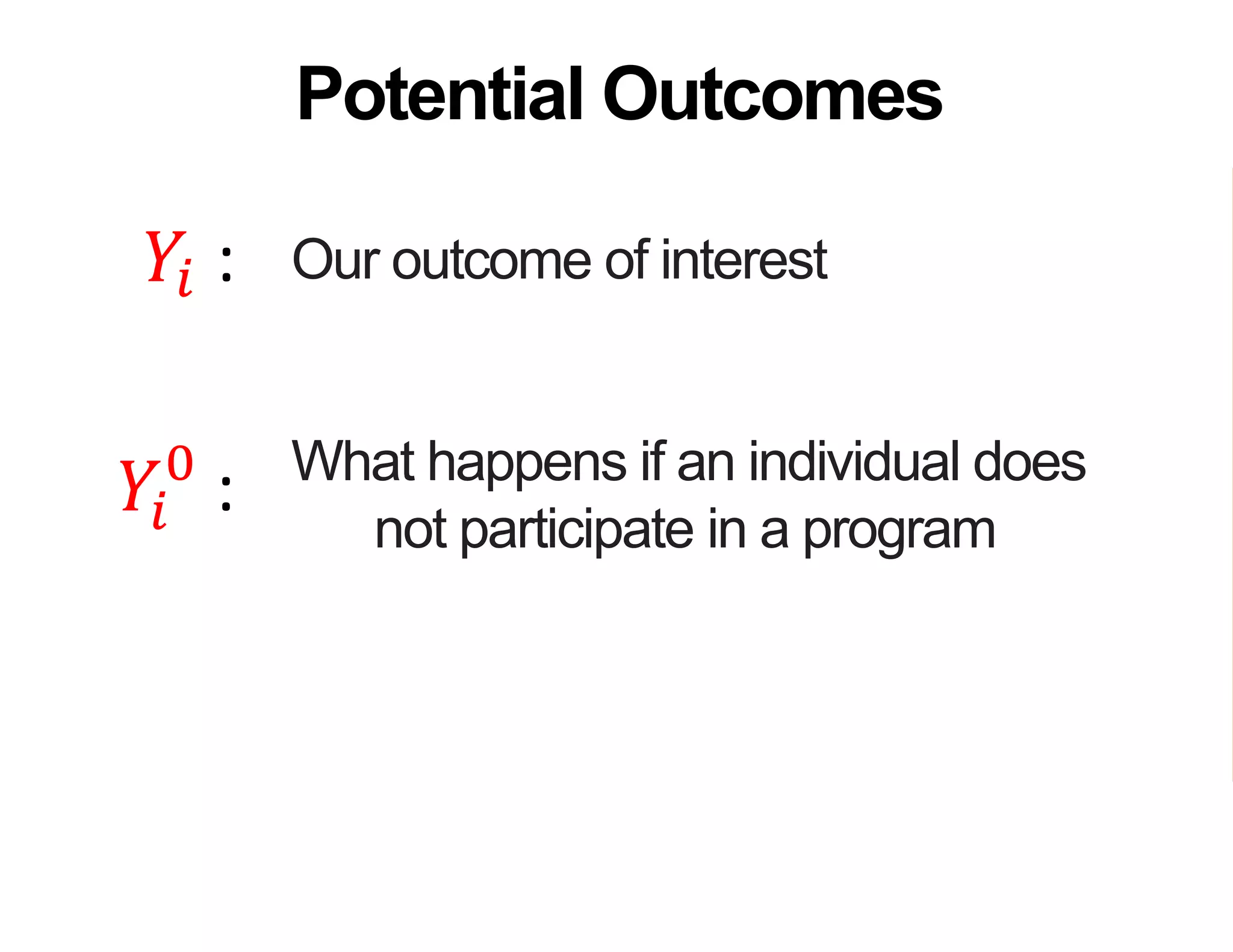 Our outcome of interest
What happens if an individual does
not participate in a program
What happens if that individual does
participate in a program
Potential Outcomes
𝑌𝑖 :
𝑌𝑖
0
:
𝑌𝑖
1
:
 