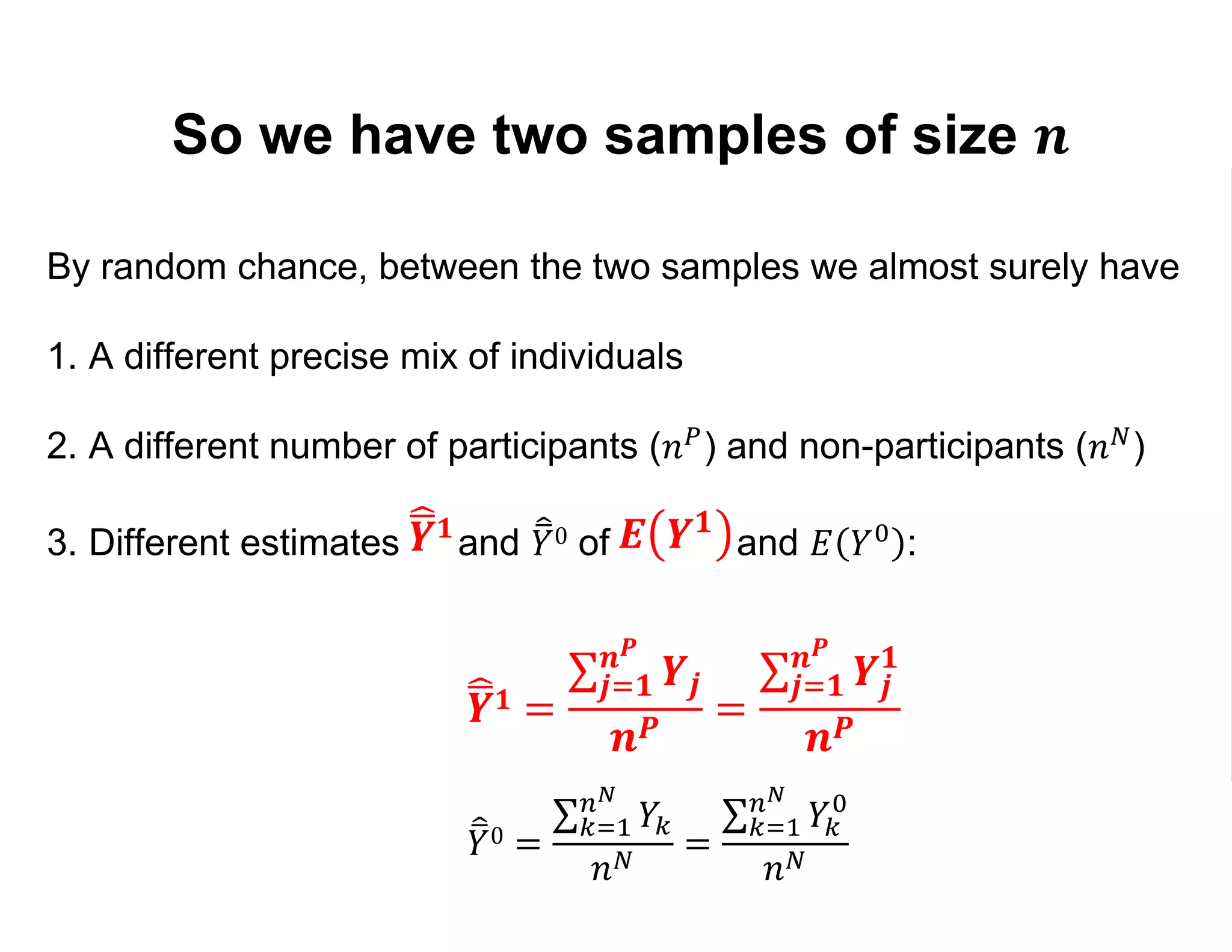 So we have two samples of size 𝒏
By random chance, between the two samples we almost surely have
1. A different precise mix of individuals
2. A different number of participants (𝑛 𝑃) and non-participants (𝑛 𝑁)
3. Different estimates 𝑌1 and 𝑌0 of 𝐸 𝑌1 and 𝐸 𝑌0 :
𝒀 𝟏 =
𝒋=𝟏
𝒏 𝑷
𝒀𝒋
𝒏 𝑷
=
𝒋=𝟏
𝒏 𝑷
𝒀𝒋
𝟏
𝒏 𝑷
𝑌0 =
𝑘=1
𝑛 𝑁
𝑌𝑘
𝑛 𝑁
=
𝑘=1
𝑛 𝑁
𝑌𝑘
0
𝑛 𝑁
𝒀 𝟏 𝑬 𝒀 𝟏
 