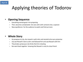 Part N

             Applying theories of Todorov

   • Opening Sequence
         –   Everything started good- him proposing
         –   Then, becomes complicated- she sees John with someone else, suspicion
         –   New equilibrium- for the audience to watch and find out more




   • Whole Story
         –   He proposes to Lily, she moved in with John and started to be over protective
         –   Lily saw Nevaeh’s text to John and followed him and saw Nevaeh with him
         –   They broke up because Lily thinks that he’s cheating
         –   But went back together knowing that Nevaeh is only his close friend
 