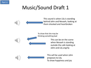 Part U

         Music/Sound Draft 1
                     This sound is when Lily is standing
                     behind John and Nevaeh, looking at
                     them shocked and heartbroken



               To show that she may be
               thinking something bad
                             This can be on the scene
                             when Nevaeh is standing
                             outside the cafe looking at
                             John and Lily angrily


                         This will be used when John
                         proposes to Lily.
                         To show happiness and joy
 