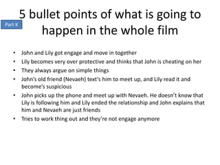5 bullet points of what is going to
Part K
           happen in the whole film
 • John and Lily got engage and move in together
 • Lily becomes very over protective and thinks that John is cheating on her
 • They always argue on simple things
 • John’s old friend (Nevaeh) text’s him to meet up, and Lily read it and
   become’s suspicious
 • John picks up the phone and meet up with Nevaeh. He doesn’t know that
   Lily is following him and Lily ended the relationship and John explains that
   him and Nevaeh are just friends
 • Tries to work thing out and they’re not engage anymore
 