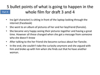 5 bullet points of what is going to happen in the
Part K          whole film for draft 3 and 4
  • Ina (girl character) is sitting in front of the laptop looking through the
    internet (Facebook)
  • She went to an album of pictures of her and her boyfriend (fiancée).
  • She became very happy seeing their pictures together and having a great
    time. However all these changed when she got a message from someone
    who she doesn’t know
  • After talking to the her friend she became curious about her fiancée.
  • In the end, she couldn’t take the curiosity anymore and she argued with
    him and broke up with him when she finds out that he have another
    woman.
 