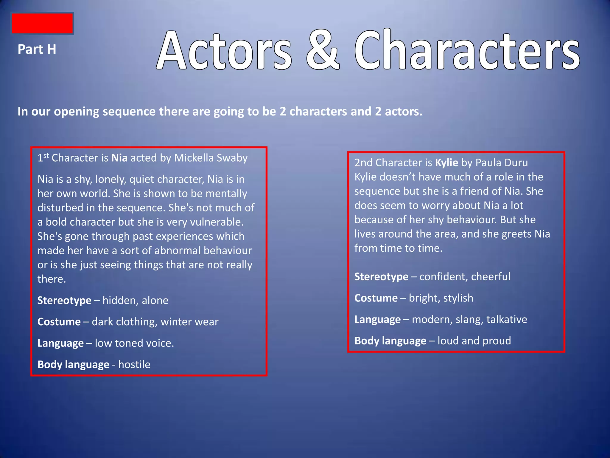 Part H



In our opening sequence there are going to be 2 characters and 2 actors.


   1st Character is Nia acted by Mickella Swaby            2nd Character is Kylie by Paula Duru
   Nia is a shy, lonely, quiet character, Nia is in        Kylie doesn’t have much of a role in the
   her own world. She is shown to be mentally              sequence but she is a friend of Nia. She
   disturbed in the sequence. She's not much of            does seem to worry about Nia a lot
   a bold character but she is very vulnerable.            because of her shy behaviour. But she
   She's gone through past experiences which               lives around the area, and she greets Nia
   made her have a sort of abnormal behaviour              from time to time.
   or is she just seeing things that are not really
   there.                                                  Stereotype – confident, cheerful
   Stereotype – hidden, alone                              Costume – bright, stylish
   Costume – dark clothing, winter wear                    Language – modern, slang, talkative
   Language – low toned voice.                             Body language – loud and proud
   Body language - hostile
 