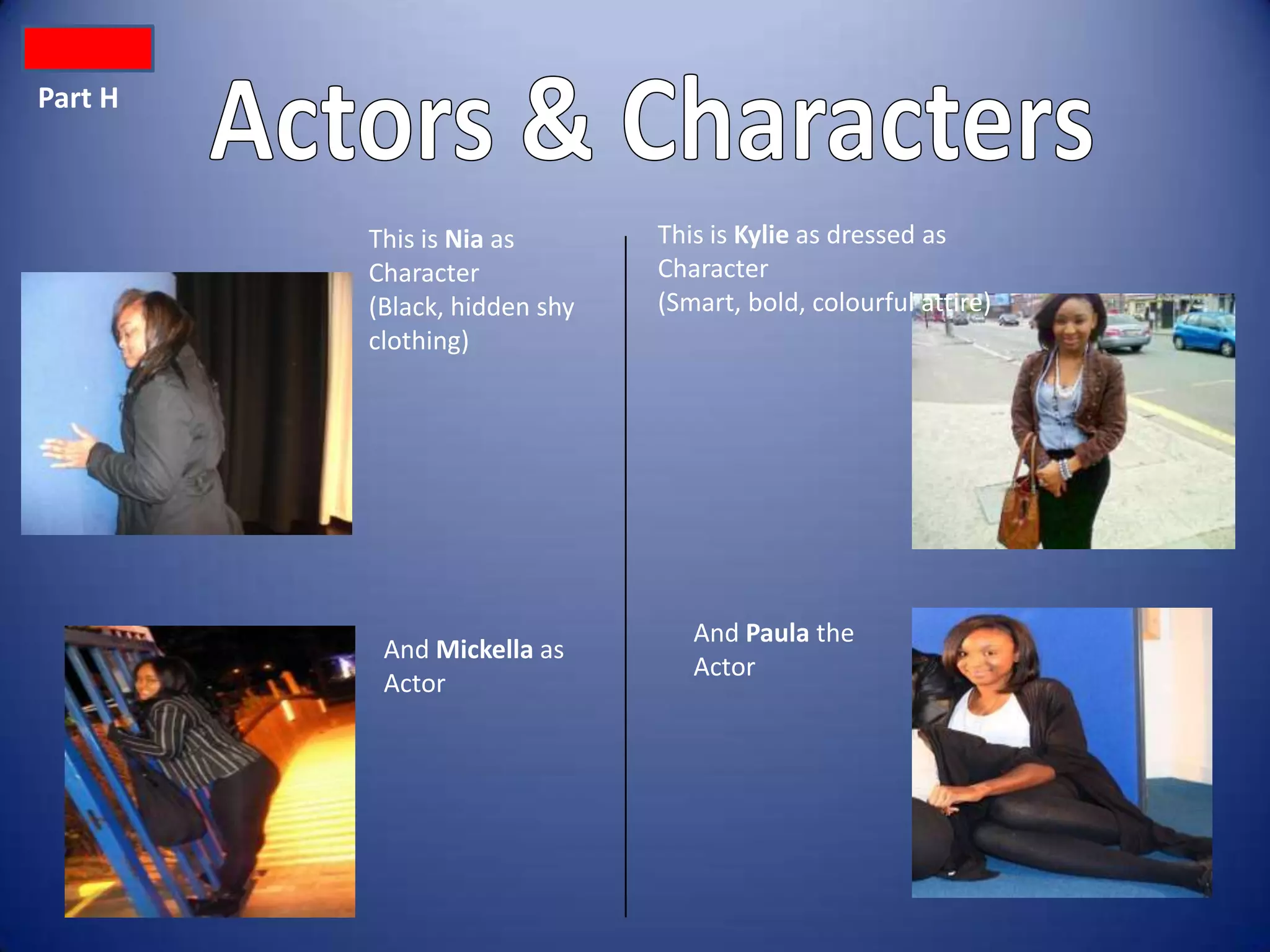 Part H



         This is Nia as       This is Kylie as dressed as
         Character            Character
         (Black, hidden shy   (Smart, bold, colourful attire)
         clothing)




                                 And Paula the
          And Mickella as
                                 Actor
          Actor
 