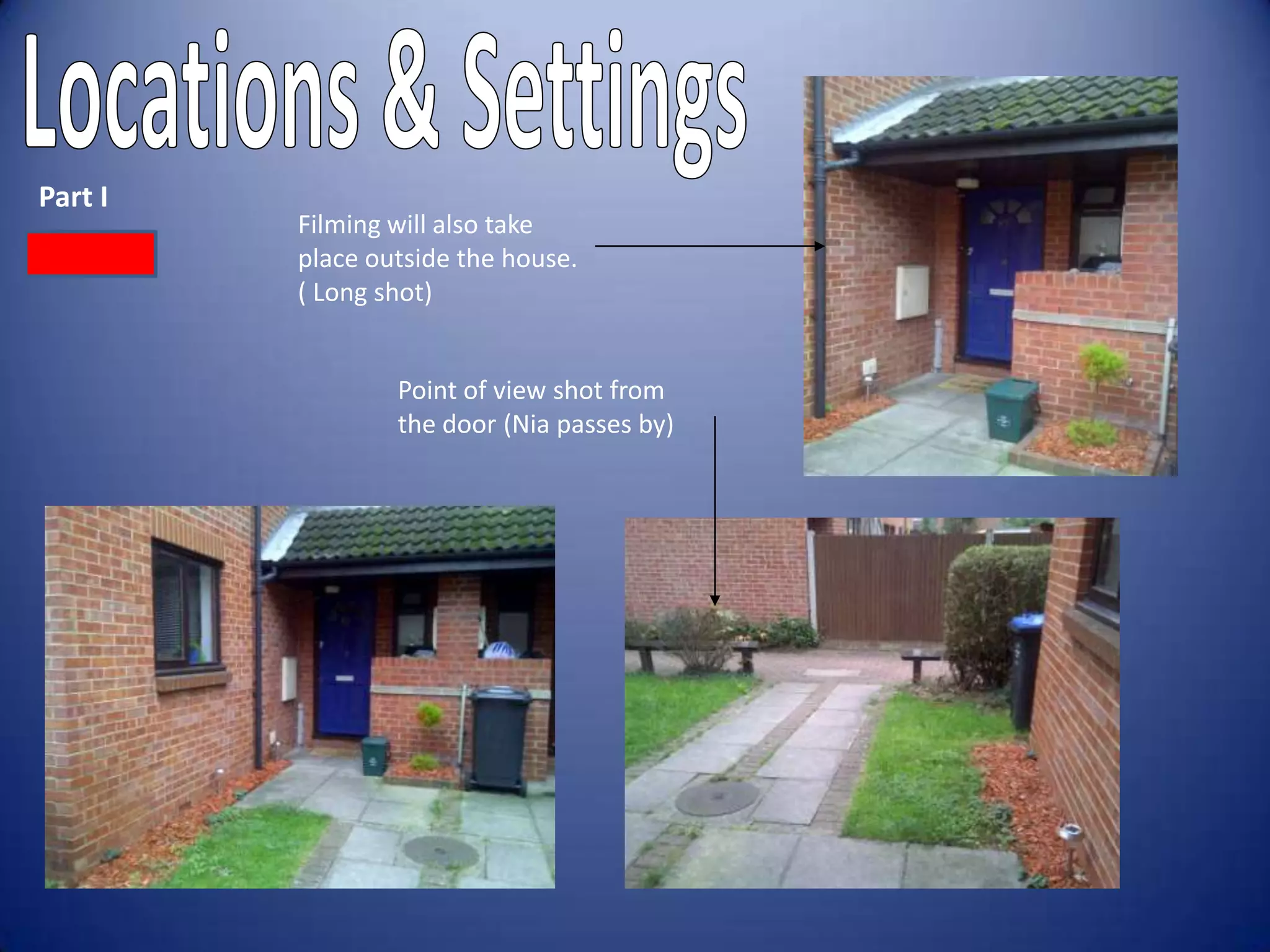 Part I
         Filming will also take
         place outside the house.
         ( Long shot)


                 Point of view shot from
                 the door (Nia passes by)
 