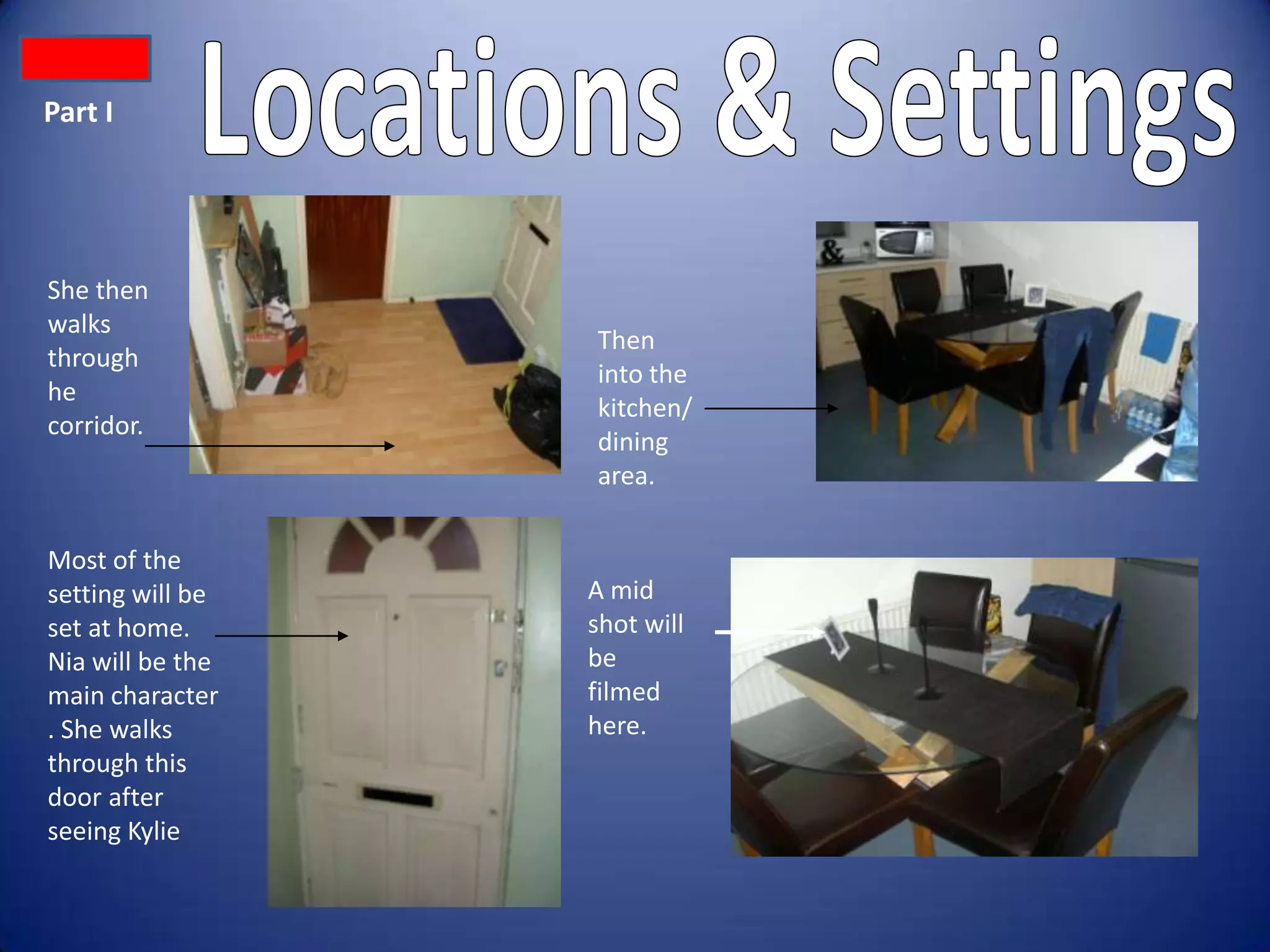 Part I




She then
walks
                  Then
through
                  into the
he
                  kitchen/
corridor.
                  dining
                  area.


Most of the
setting will be   A mid
set at home.      shot will
Nia will be the   be
main character    filmed
. She walks       here.
through this
door after
seeing Kylie
 