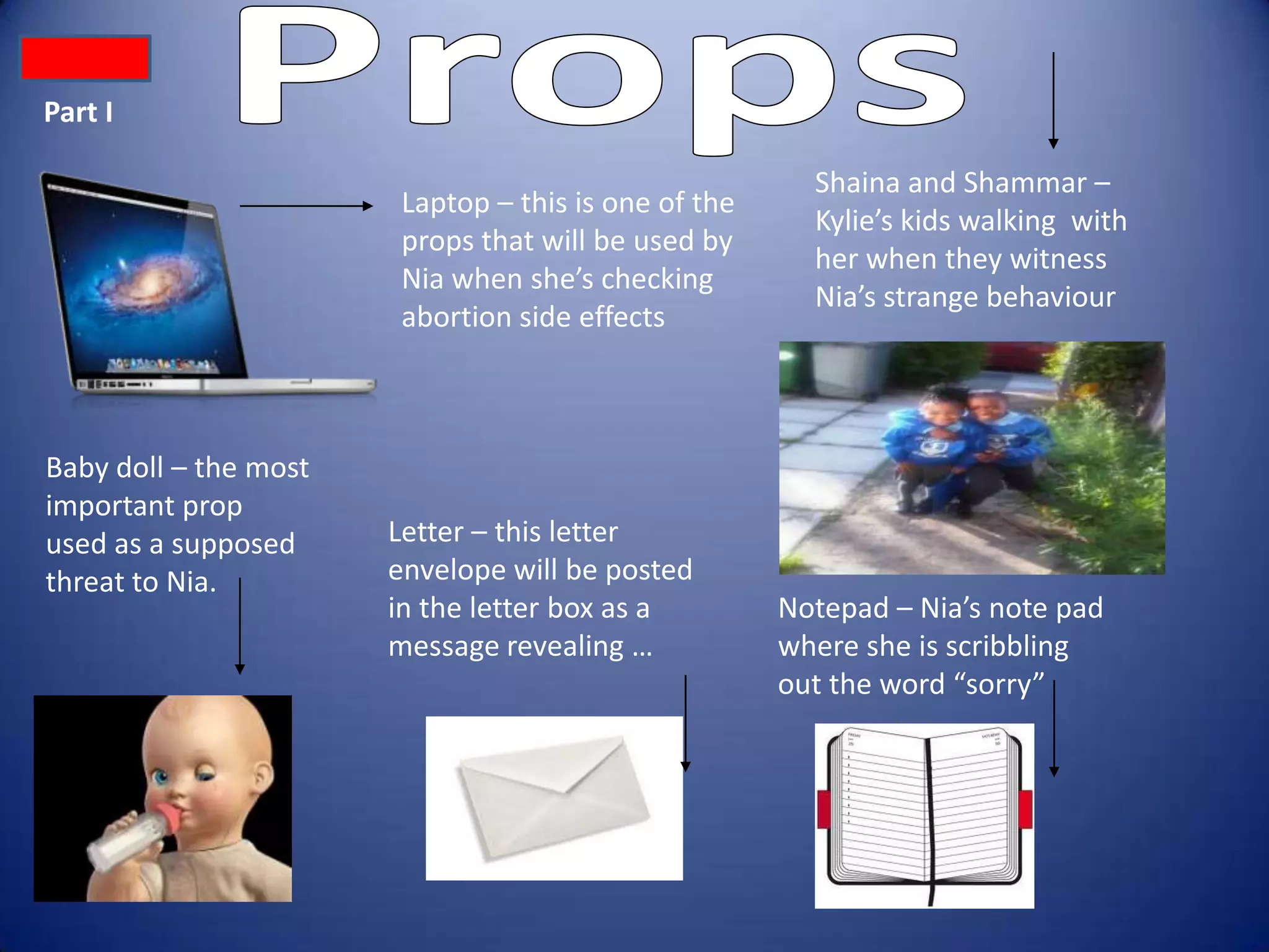 Part I

                                                        Shaina and Shammar –
                        Laptop – this is one of the
                                                        Kylie’s kids walking with
                        props that will be used by
                                                        her when they witness
                        Nia when she’s checking
                                                        Nia’s strange behaviour
                        abortion side effects



Baby doll – the most
important prop
used as a supposed     Letter – this letter
threat to Nia.         envelope will be posted
                       in the letter box as a         Notepad – Nia’s note pad
                       message revealing …            where she is scribbling
                                                      out the word “sorry”
 