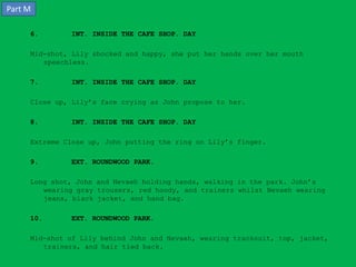Part M

     6.       INT. INSIDE THE CAFE SHOP. DAY

     Mid-shot, Lily shocked and happy, she put her hands over her mouth
        speechless.

     7.       INT. INSIDE THE CAFE SHOP. DAY

     Close up, Lily’s face crying as John propose to her.

     8.       INT. INSIDE THE CAFE SHOP. DAY

     Extreme Close up, John putting the ring on Lily’s finger.

     9.       EXT. ROUNDWOOD PARK.

     Long shot, John and Nevaeh holding hands, walking in the park. John’s
        wearing gray trousers, red hoody, and trainers whilst Nevaeh wearing
        jeans, black jacket, and hand bag.

     10.      EXT. ROUNDWOOD PARK.

     Mid-shot of Lily behind John and Nevaeh, wearing tracksuit, top, jacket,
        trainers, and hair tied back.
 