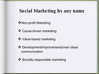 Social Marketing by any name Non-profit Marketing Cause-driven marketing Value-based marketing Development/Improvements/new ideas  communication Socially-responsible marketing 