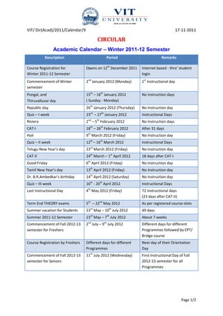 Draft academic calendar for winter 2011 12 semester | PDF