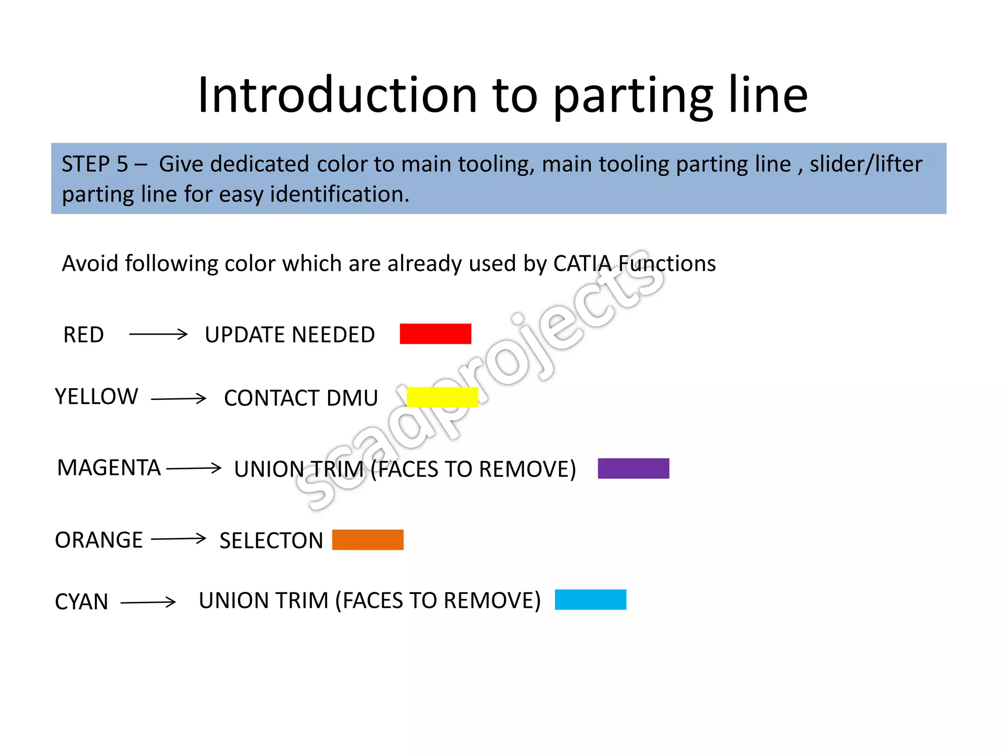 Introduction to parting line
STEP 5 – Give dedicated color to main tooling, main tooling parting line , slider/lifter
parting line for easy identification.
Avoid following color which are already used by CATIA Functions
RED UPDATE NEEDED
YELLOW CONTACT DMU
MAGENTA UNION TRIM (FACES TO REMOVE)
ORANGE SELECTON
CYAN UNION TRIM (FACES TO REMOVE)
 
