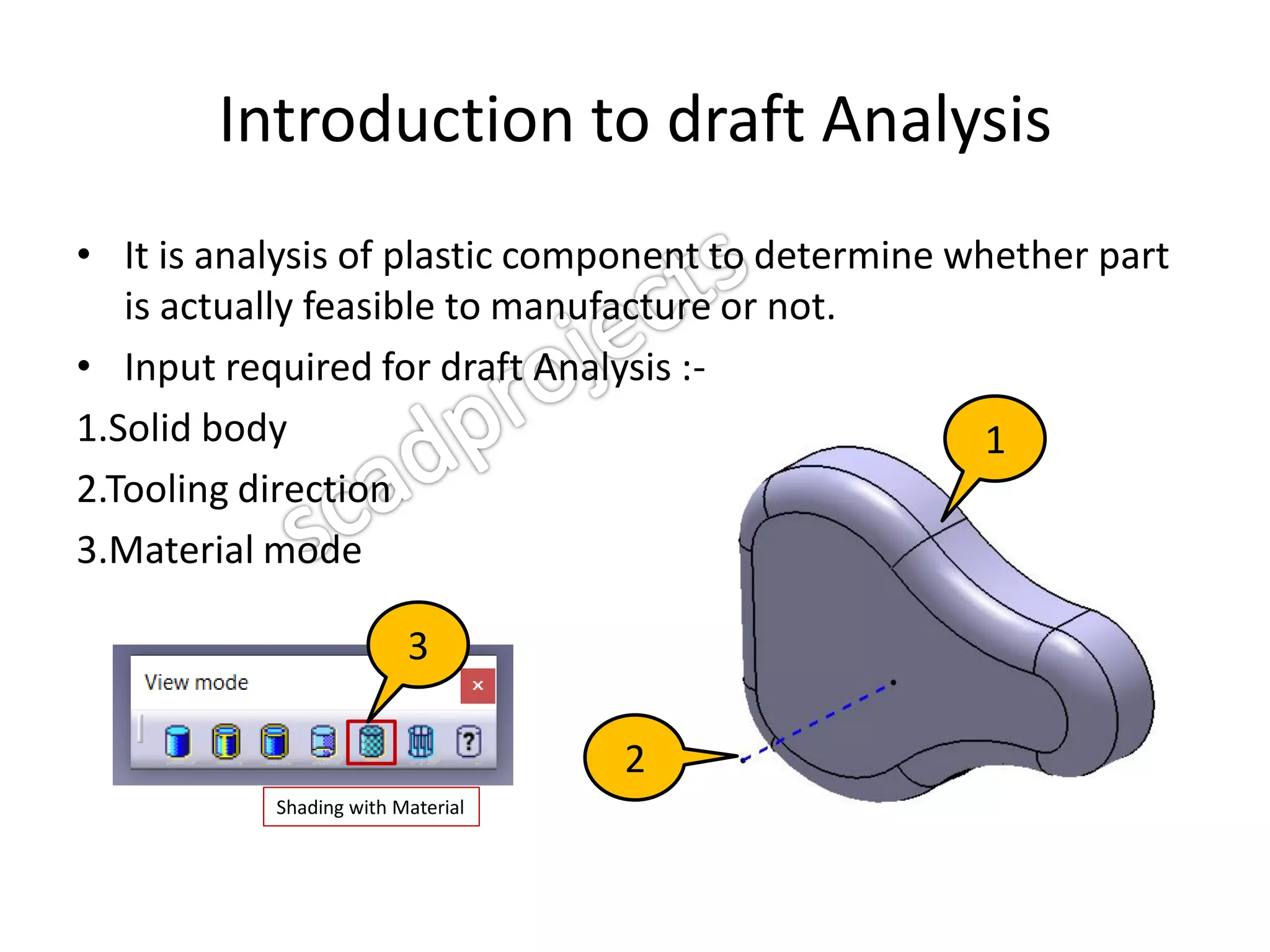 Introduction to draft Analysis
• It is analysis of plastic component to determine whether part
is actually feasible to manufacture or not.
• Input required for draft Analysis :-
1.Solid body
2.Tooling direction
3.Material mode
Shading with Material
1
2
3
 