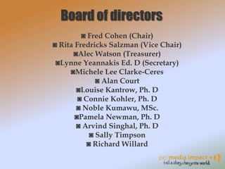 Board of directors
◙ Fred Cohen (Chair)
◙ Rita Fredricks Salzman (Vice Chair)
◙Alec Watson (Treasurer)
◙Lynne Yeannakis Ed. D (Secretary)
◙Michele Lee Clarke-Ceres
◙ Alan Court
◙Louise Kantrow, Ph. D
◙ Connie Kohler, Ph. D
◙ Noble Kumawu, MSc.
◙Pamela Newman, Ph. D
◙ Arvind Singhal, Ph. D
◙ Sally Timpson
◙ Richard Willard
 
