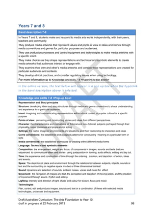 Years 7 and 8 
Band description 7-8 
In Years 7 and 8, students make and respond to media arts works independently, with their peers, 
teachers and community. 
They produce media artworks that represent values and points of view in ideas and stories through 
media conventions and genres for particular purposes and audiences. 
They use production processes and control equipment and technologies to make media artworks with 
a specific intent. 
They make choices as they shape representations and technical and symbolic elements to create 
media artworks that audiences interact or engage with. 
They examine their own and other’s media artworks and consider how representations are created for 
particular audiences and contexts. 
They develop ethical practices, and consider regulatory issues when using technology. 
For more information go to Knowledge and skills 7-8 <hyperlink to box below> 
In the online version, the text below will appear in a pop up box when the hyperlink 
in the band description above is selected. 
Knowledge and skills 7-8 <Pop-up box> 
Representation and Story principles 
Structure: developing ideas and story structures through media and genre conventions to shape understanding 
and experience for a particular audience 
Intent: imagining and communicating representations within a local context or popular culture for a specific 
purpose 
Points of view: perceiving and constructing stories and ideas from different perspectives. 
Character: the characteristics and motivations of fictional and non–fictional subjects portrayed through their 
physicality, voice, costumes and props and/or acting 
Settings: the real or imagined environments and situations, and their relationship to characters and ideas 
Genre conventions: the established and accepted patterns for constructing meaning in a particular form or 
style 
Media conventions: the established techniques for creating within different media forms 
Language: Technical and symbolic elements 
Composition: the arrangement, weight and focus, of components in images, sounds and texts that are 
sequenced to communicate ideas and stories using juxtaposition in framing, audio effects, editing and lay out. 
Time: the experience and construction of time through the ordering , duration, and depiction of action, ideas 
and events, 
Space: The depiction of place and environment through the relationship between subjects, objects, sounds or 
text and the surrounding or negative space in a two or three dimensional context 
Sound: dynamics and selection of sounds, ambient noises, voices and music for effect 
Movement: the navigation of images and text, the perception and depiction of moving action, and the creation 
of movement through sound, rhythm and editing. 
Lighting: intensity and direction of light, shade and colour for texture, focus and mood 
Technologies 
Plan, control, edit and produce images, sounds and text or a combination of these with selected media 
technologies, processes and equipment. 
Draft Australian Curriculum: The Arts Foundation to Year 10 
draft in progress at 22 February 2013 98 
 