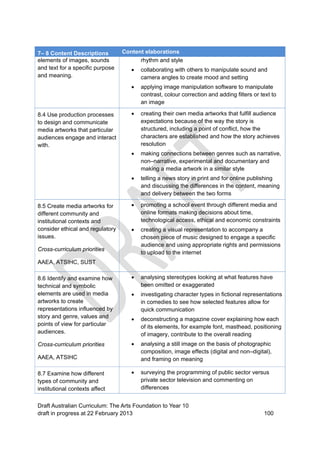 7– 8 Content Descriptions Content elaborations 
elements of images, sounds 
and text for a specific purpose 
and meaning. 
rhythm and style 
 collaborating with others to manipulate sound and 
camera angles to create mood and setting 
 applying image manipulation software to manipulate 
contrast, colour correction and adding filters or text to 
an image 
8.4 Use production processes 
to design and communicate 
media artworks that particular 
audiences engage and interact 
with. 
 creating their own media artworks that fulfill audience 
expectations because of the way the story is 
structured, including a point of conflict, how the 
characters are established and how the story achieves 
resolution 
 making connections between genres such as narrative, 
non–narrative, experimental and documentary and 
making a media artwork in a similar style 
 telling a news story in print and for online publishing 
and discussing the differences in the content, meaning 
and delivery between the two forms 
8.5 Create media artworks for 
different community and 
institutional contexts and 
consider ethical and regulatory 
issues. 
Cross-curriculum priorities 
AAEA, ATSIHC, SUST 
 promoting a school event through different media and 
online formats making decisions about time, 
technological access, ethical and economic constraints 
 creating a visual representation to accompany a 
chosen piece of music designed to engage a specific 
audience and using appropriate rights and permissions 
to upload to the internet 
8.6 Identify and examine how 
technical and symbolic 
elements are used in media 
artworks to create 
representations influenced by 
story and genre, values and 
points of view for particular 
audiences. 
Cross-curriculum priorities 
AAEA, ATSIHC 
 analysing stereotypes looking at what features have 
been omitted or exaggerated 
 investigating character types in fictional representations 
in comedies to see how selected features allow for 
quick communication 
 deconstructing a magazine cover explaining how each 
of its elements, for example font, masthead, positioning 
of imagery, contribute to the overall reading 
 analysing a still image on the basis of photographic 
composition, image effects (digital and non–digital), 
and framing on meaning 
8.7 Examine how different 
types of community and 
institutional contexts affect 
 surveying the programming of public sector versus 
private sector television and commenting on 
differences 
Draft Australian Curriculum: The Arts Foundation to Year 10 
draft in progress at 22 February 2013 100 
 
