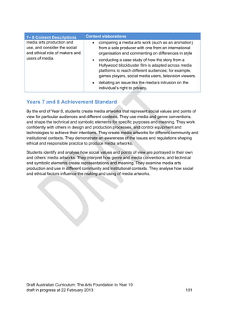 7– 8 Content Descriptions Content elaborations 
media arts production and 
use, and consider the social 
and ethical role of makers and 
users of media. 
 comparing a media arts work (such as an animation) 
from a sole producer with one from an international 
organisation and commenting on differences in style 
 conducting a case study of how the story from a 
Hollywood blockbuster film is adapted across media 
platforms to reach different audiences; for example, 
games players, social media users, television viewers. 
 debating an issue like the media’s intrusion on the 
individual’s right to privacy. 
Years 7 and 8 Achievement Standard 
By the end of Year 8, students create media artworks that represent social values and points of 
view for particular audiences and different contexts. They use media and genre conventions, 
and shape the technical and symbolic elements for specific purposes and meaning. They work 
confidently with others in design and production processes, and control equipment and 
technologies to achieve their intentions. They create media artworks for different community and 
institutional contexts. They demonstrate an awareness of the issues and regulations shaping 
ethical and responsible practice to produce media artworks. 
Students identify and analyse how social values and points of view are portrayed in their own 
and others’ media artworks. They interpret how genre and media conventions, and technical 
and symbolic elements create representations and meaning. They examine media arts 
production and use in different community and institutional contexts. They analyse how social 
and ethical factors influence the making and using of media artworks. 
Draft Australian Curriculum: The Arts Foundation to Year 10 
draft in progress at 22 February 2013 101 
 