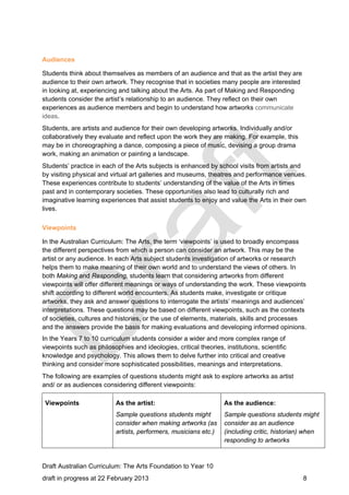 Audiences 
Students think about themselves as members of an audience and that as the artist they are 
audience to their own artwork. They recognise that in societies many people are interested 
in looking at, experiencing and talking about the Arts. As part of Making and Responding 
students consider the artist’s relationship to an audience. They reflect on their own 
experiences as audience members and begin to understand how artworks communicate 
ideas. 
Students, are artists and audience for their own developing artworks. Individually and/or 
collaboratively they evaluate and reflect upon the work they are making. For example, this 
may be in choreographing a dance, composing a piece of music, devising a group drama 
work, making an animation or painting a landscape. 
Students’ practice in each of the Arts subjects is enhanced by school visits from artists and 
by visiting physical and virtual art galleries and museums, theatres and performance venues. 
These experiences contribute to students’ understanding of the value of the Arts in times 
past and in contemporary societies. These opportunities also lead to culturally rich and 
imaginative learning experiences that assist students to enjoy and value the Arts in their own 
lives. 
Viewpoints 
In the Australian Curriculum: The Arts, the term ‘viewpoints’ is used to broadly encompass 
the different perspectives from which a person can consider an artwork. This may be the 
artist or any audience. In each Arts subject students investigation of artworks or research 
helps them to make meaning of their own world and to understand the views of others. In 
both Making and Responding, students learn that considering artworks from different 
viewpoints will offer different meanings or ways of understanding the work. These viewpoints 
shift according to different world encounters. As students make, investigate or critique 
artworks, they ask and answer questions to interrogate the artists’ meanings and audiences’ 
interpretations. These questions may be based on different viewpoints, such as the contexts 
of societies, cultures and histories, or the use of elements, materials, skills and processes 
and the answers provide the basis for making evaluations and developing informed opinions. 
In the Years 7 to 10 curriculum students consider a wider and more complex range of 
viewpoints such as philosophies and ideologies, critical theories, institutions, scientific 
knowledge and psychology. This allows them to delve further into critical and creative 
thinking and consider more sophisticated possibilities, meanings and interpretations. 
The following are examples of questions students might ask to explore artworks as artist 
and/ or as audiences considering different viewpoints: 
Viewpoints As the artist: 
Sample questions students might 
consider when making artworks (as 
artists, performers, musicians etc.) 
As the audience: 
Sample questions students might 
consider as an audience 
(including critic, historian) when 
responding to artworks 
Draft Australian Curriculum: The Arts Foundation to Year 10 
draft in progress at 22 February 2013 8 
 