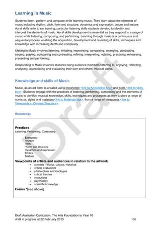 Learning in Music 
Students listen, perform and compose while learning music. They learn about the elements of 
music including rhythm, pitch, form and structure, dynamics and expression, timbre and texture. 
Aural skills refer to ear training, particular listening skills students develop to identify and 
interpret the elements of music. Aural skills development is essential as they respond to a range of 
music while listening, composing, and performing. Learning through music is a continuous and 
sequential process, enabling the acquisition, development and revisiting of skills, techniques and 
knowledge with increasing depth and complexity. 
Making in Music involves listening, imitating, improvising, composing, arranging, conducting, 
singing, playing, comparing and contrasting, refining, interpreting, notating, practising, rehearsing, 
presenting and performing. 
Responding in Music involves students being audience members listening to, enjoying, reflecting, 
analysing, appreciating and evaluating their own and others’ musical works. 
Knowledge and skills of Music 
Music, as an art form, is created using knowledge <link to Knowledge box> and skills <link to skills 
box>. Students engage with the practices of listening, performing, composing and the elements of 
music to develop musical knowledge, skills, techniques and processes as they explore a range of 
contexts, styles and materials<link to Materials box>. from a range of viewpoints <link to 
Viewpoints in Content Structure>. 
Knowledge 
Practices 
Listening, Performing, Composing 
Elements: 
Rhythm 
Pitch 
*Form and structure 
Dynamics and expression 
Timbre 
Texture 
Viewpoints of artists and audiences in relation to the artwork 
 contexts – social, cultural, historical 
 critical evaluations 
 philosophies and ideologies 
 critical theories 
 institutions 
 psychology 
 scientific knowledge 
Forms *(see above) 
Draft Australian Curriculum: The Arts Foundation to Year 10 
draft in progress at 22 February 2013 108 
 