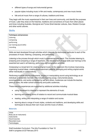  different types of songs and instrumental genres 
 popular styles including music in film and media, contemporary and new music trends 
 folk and art music from a range of cultures, traditions and times. 
They begin with the music experienced in their own lives and community, and identify the purposes 
of music. Later they draw on the histories, traditions and conventions of music from other places 
and times including Australia, Aboriginal and Torres Strait Islander cultures, Asia, Western Europe 
and other world cultures. 
Skills 
Techniques and processes 
Listening 
composing 
performing 
ear training (aural skills) 
recording 
Skills are best developed through activities which integrate the techniques particular to each of the 
processes of music: listening, composing, and performing. 
Listening is the process through which music is experienced and learnt. This includes listening to, 
analysing and comparing a range of repertoire . The development of aural skills (ear training) is the 
essential tool used in all listening, performing and composition activities. 
Composing is a broad term for creating original music. In the classroom this involves improvising, 
organising musical ideas, creating accompaniment patterns, arranging and writing original works 
either individually or collaboratively. 
Performing involves playing instruments, singing or manipulating sound using technology as an 
individual or ensemble member. This includes learning songs, instrumental pieces, 
accompaniments, and works composed by self and others. Audiences can include the teacher, 
peers in class, the wider school community and public audiences. 
These learning experiences are supported by additional activities including: 
 using movement to interpret or represent the elements of music 
 learning and creating forms of notation to record and communicate musical ideas 
 reading, writing and interpreting a range of notation and scores 
 learning about a range of music styles, contexts and traditions, and developing skills and 
techniques to discuss their own music and the music of others. 
Materials 
Voice 
Body (as an instrument) 
Instruments 
Sound sources 
Recorded music 
Technologies 
Draft Australian Curriculum: The Arts Foundation to Year 10 
draft in progress at 22 February 2013 110 
 