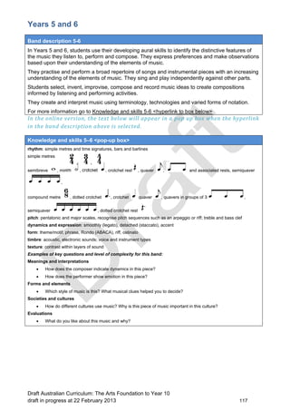 Years 5 and 6 
Band description 5-6 
In Years 5 and 6, students use their developing aural skills to identify the distinctive features of 
the music they listen to, perform and compose. They express preferences and make observations 
based upon their understanding of the elements of music. 
They practise and perform a broad repertoire of songs and instrumental pieces with an increasing 
understanding of the elements of music. They sing and play independently against other parts. 
Students select, invent, improvise, compose and record music ideas to create compositions 
informed by listening and performing activities. 
They create and interpret music using terminology, technologies and varied forms of notation. 
For more information go to Knowledge and skills 5-6 <hyperlink to box below> 
In the online version, the text below will appear in a pop up box when the hyperlink 
in the band description above is selected. 
Knowledge and skills 5–6 <pop-up box> 
rhythm: simple metres and time signatures, bars and barlines 
simple metres , 
semibreve , minim , crotchet , crotchet rest , quaver , and associated rests, semiquaver 
, 
compound metre , dotted crotchet , crotchet quaver , quavers in groups of 3 , 
semiquaver , dotted crotchet rest 
pitch: pentatonic and major scales, recognise pitch sequences such as an arpeggio or riff; treble and bass clef 
dynamics and expression: smoothly (legato), detached (staccato), accent 
form: theme/motif, phrase, Rondo (ABACA), riff, ostinato 
timbre: acoustic, electronic sounds; voice and instrument types 
texture: contrast within layers of sound 
Examples of key questions and level of complexity for this band: 
Meanings and interpretations 
 How does the composer indicate dynamics in this piece? 
 How does the performer show emotion in this piece? 
Forms and elements 
 Which style of music is this? What musical clues helped you to decide? 
Societies and cultures 
 How do different cultures use music? Why is this piece of music important in this culture? 
Evaluations 
 What do you like about this music and why? 
Draft Australian Curriculum: The Arts Foundation to Year 10 
draft in progress at 22 February 2013 117 
 