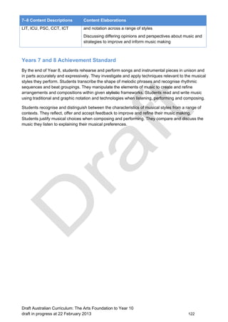 7–8 Content Descriptions Content Elaborations 
LIT, ICU, PSC, CCT, ICT and notation across a range of styles 
Discussing differing opinions and perspectives about music and 
strategies to improve and inform music making 
Years 7 and 8 Achievement Standard 
By the end of Year 8, students rehearse and perform songs and instrumental pieces in unison and 
in parts accurately and expressively. They investigate and apply techniques relevant to the musical 
styles they perform. Students transcribe the shape of melodic phrases and recognise rhythmic 
sequences and beat groupings. They manipulate the elements of music to create and refine 
arrangements and compositions within given stylistic frameworks. Students read and write music 
using traditional and graphic notation and technologies when listening, performing and composing. 
Students recognise and distinguish between the characteristics of musical styles from a range of 
contexts. They reflect, offer and accept feedback to improve and refine their music making. 
Students justify musical choices when composing and performing. They compare and discuss the 
music they listen to explaining their musical preferences. 
Draft Australian Curriculum: The Arts Foundation to Year 10 
draft in progress at 22 February 2013 122 
 