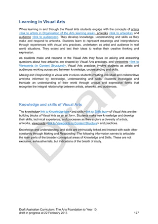 Learning in Visual Arts 
When learning in and through the Visual Arts students engage with the concepts of artists 
<link to artists in Organisation of the Arts learning area>, artworks <link to artworks> and 
audience <link to audiences>. They develop knowledge, understanding and skills as they 
make and respond to artworks. Students learn to represent meanings and interpretations 
through experiences with visual arts practices, undertaken as artist and audience in real 
world situations. They extent and test their ideas to realise their creative thinking and 
expression. 
As students make and respond in the Visual Arts they focus on asking and answering 
questions about how artworks are shaped by Visual Arts practices, and viewpoints <link to 
Viewpoints (in Content Structure)>. Visual Arts practices involve students as artists and 
audiences working across and between knowledge, understanding and skills. 
Making and Responding in visual arts involves students creating individual and collaborative 
artworks informed by knowledge, understanding and skills. Students investigate and 
translate an understanding of their world through unique and expressive forms that 
recognise the integral relationship between artists, artworks, and audiences. 
Knowledge and skills of Visual Arts 
The knowledge<link to Knowledge box> and skills <link to Skills box> of Visual Arts are the 
building blocks of Visual Arts as an art form. Students make new knowledge and develop 
their skills, technical experience, and processes as they explore a diversity of artists, 
artworks, viewpoints <link to Viewpoints in Content Structure> and practices. 
Knowledge and understanding, and skills are intrinsically linked and interact with each other 
constantly through Making and Responding. The following information serves to articulate 
the main parts of the broader conceptual areas of Knowledge and Skills. These are not 
exclusive, exhaustive lists, but indications of the breath of study. 
Draft Australian Curriculum: The Arts Foundation to Year 10 
draft in progress at 22 February 2013 127 
 