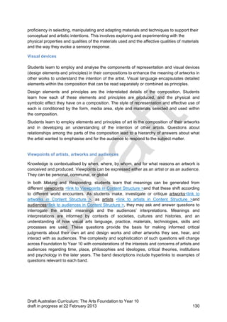 proficiency in selecting, manipulating and adapting materials and techniques to support their 
conceptual and artistic intentions. This involves exploring and experimenting with the 
physical properties and qualities of the materials used and the affective qualities of materials 
and the way they evoke a sensory response. 
Visual devices 
Students learn to employ and analyse the components of representation and visual devices 
(design elements and principles) in their compositions to enhance the meaning of artworks in 
other works to understand the intention of the artist. Visual language encapsulates detailed 
elements within the composition that can be read separately or combined as principles. 
Design elements and principles are the interrelated details of the composition. Students 
learn how each of these elements and principles are produced, and the physical and 
symbolic effect they have on a composition. The style of representation and effective use of 
each is conditioned by the form, media area, style and materials selected and used within 
the composition. 
Students learn to employ elements and principles of art in the composition of their artworks 
and in developing an understanding of the intention of other artists. Questions about 
relationships among the parts of the composition lead to a hierarchy of answers about what 
the artist wanted to emphasise and for the audience to respond to the subject matter. 
Viewpoints of artists, artworks and audiences 
Knowledge is contextualised by when, where, by whom, and for what reasons an artwork is 
conceived and produced. Viewpoints can be expressed either as an artist or as an audience. 
They can be personal, communal, or global 
In both Making and Responding, students learn that meanings can be generated from 
different viewpoints <link to Viewpoints in Content Structure >and that these shift according 
to different world encounters. As students make, investigate or critique artworks<link to 
artworks in Content Structure >, as artists <link to artists in Content Structure >and 
audiences<link to audiences in Content Structure >, they may ask and answer questions to 
interrogate the artists’ meanings and the audiences’ interpretations. Meanings and 
interpretations are informed by contexts of societies, cultures and histories, and an 
understanding of how visual arts language, practice, materials, technologies, skills and 
processes are used. These questions provide the basis for making informed critical 
judgments about their own art and design works and other artworks they see, hear, and 
interact with as audiences. The complexity and sophistication of such questions will change 
across Foundation to Year 10 with considerations of the interests and concerns of artists and 
audiences regarding time, place, philosophies and ideologies, critical theories, institutions 
and psychology in the later years. The band descriptions include hyperlinks to examples of 
questions relevant to each band. 
Draft Australian Curriculum: The Arts Foundation to Year 10 
draft in progress at 22 February 2013 130 
 