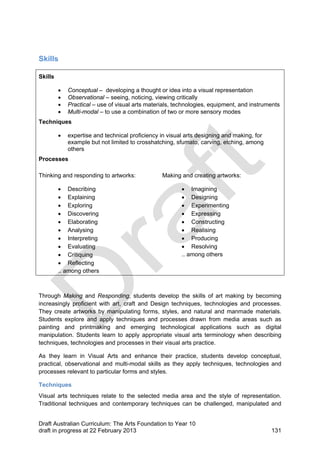 Skills 
Skills 
 Conceptual – developing a thought or idea into a visual representation 
 Observational – seeing, noticing, viewing critically 
 Practical – use of visual arts materials, technologies, equipment, and instruments 
 Multi-modal – to use a combination of two or more sensory modes 
Techniques 
 expertise and technical proficiency in visual arts designing and making, for 
example but not limited to crosshatching, sfumato, carving, etching, among 
others 
Processes 
Thinking and responding to artworks: 
 Describing 
 Explaining 
 Exploring 
 Discovering 
 Elaborating 
 Analysing 
 Interpreting 
 Evaluating 
 Critiquing 
 Reflecting 
.. among others 
Making and creating artworks: 
 Imagining 
 Designing 
 Experimenting 
 Expressing 
 Constructing 
 Realising 
 Producing 
 Resolving 
.. among others 
Through Making and Responding, students develop the skills of art making by becoming 
increasingly proficient with art, craft and Design techniques, technologies and processes. 
They create artworks by manipulating forms, styles, and natural and manmade materials. 
Students explore and apply techniques and processes drawn from media areas such as 
painting and printmaking and emerging technological applications such as digital 
manipulation. Students learn to apply appropriate visual arts terminology when describing 
techniques, technologies and processes in their visual arts practice. 
As they learn in Visual Arts and enhance their practice, students develop conceptual, 
practical, observational and multi-modal skills as they apply techniques, technologies and 
processes relevant to particular forms and styles. 
Techniques 
Visual arts techniques relate to the selected media area and the style of representation. 
Traditional techniques and contemporary techniques can be challenged, manipulated and 
Draft Australian Curriculum: The Arts Foundation to Year 10 
draft in progress at 22 February 2013 131 
 