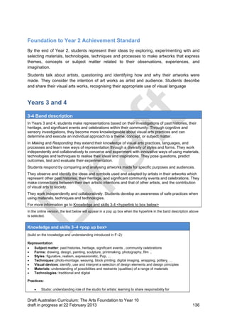 Foundation to Year 2 Achievement Standard 
By the end of Year 2, students represent their ideas by exploring, experimenting with and 
selecting materials, technologies, techniques and processes to make artworks that express 
themes, concepts or subject matter related to their observations, experiences, and 
imagination. 
Students talk about artists, questioning and identifying how and why their artworks were 
made. They consider the intention of art works as artist and audience. Students describe 
and share their visual arts works, recognising their appropriate use of visual language 
Years 3 and 4 
3-4 Band description 
In Years 3 and 4, students make representations based on their investigations of past histories, their 
heritage, and significant events and celebrations within their community. Through cognitive and 
sensory investigations, they become more knowledgeable about visual arts practices and can 
determine and execute an individual approach to a theme, concept, or subject matter. 
In Making and Responding they extend their knowledge of visual arts practices, languages, and 
processes and learn new ways of representation through a diversity of styles and forms. They work 
independently and collaboratively to conceive and experiment with innovative ways of using materials, 
technologies and techniques to realise their ideas and inspirations. They pose questions, predict 
outcomes, test and evaluate their experimentation. 
Students respond by comparing and analysing artworks made for specific purposes and audiences. 
They observe and identify the ideas and symbols used and adapted by artists in their artworks which 
represent other past histories, their heritage, and significant community events and celebrations. They 
make connections between their own artistic intentions and that of other artists, and the contribution 
of visual arts to society. 
They work independently and collaboratively. Students develop an awareness of safe practices when 
using materials, techniques and technologies. 
For more information go to Knowledge and skills 3-4 <hyperlink to box below> 
In the online version, the text below will appear in a pop up box when the hyperlink in the band description above 
is selected. 
Knowledge and skills 3–4 <pop up box> 
(build on the knowledge and understanding introduced in F–2): 
Representation 
 Subject matter: past histories, heritage, significant events , community celebrations 
 Forms: drawing, design, painting, sculpture, printmaking, photography, film , 
 Styles: figurative, realism, expressionistic, Pop, … 
 Techniques: photo-montage, weaving, block printing, digital imaging, wrapping, pottery, … 
 Visual devices: identify, use and interpret a selection of design elements and design principles 
 Materials: understanding of possibilities and restraints (qualities) of a range of materials 
 Technologies: traditional and digital 
Practices: 
 Studio: understanding role of the studio for artists: learning to share responsibility for 
Draft Australian Curriculum: The Arts Foundation to Year 10 
draft in progress at 22 February 2013 136 
 