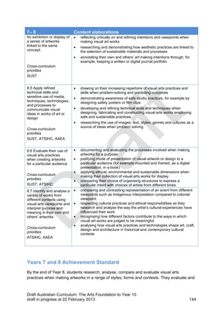 7– 8 Content elaborations 
for exhibition or display of 
a series of artworks 
linked to the same 
concept. 
Cross-curriculum 
priorities 
SUST 
 reflecting critically on and refining intentions and viewpoints when 
making visual art works 
 researching and demonstrating how aesthetic practices are linked to 
the selection of sustainable materials and processes 
 annotating their own and others’ art making intentions through, for 
example, keeping a written or digital journal portfolio 
8.5 Apply refined 
technical skills and 
sensitive use of media, 
techniques, technologies, 
and processes to 
communicate visual 
ideas in works of art or 
design 
Cross-curriculum 
priorities 
SUST, ATSIHC, AAEA 
 drawing on their increasing repertoire of visual arts practices and 
skills when problem-solving and predicting outcomes 
 demonstrating awareness of safe studio practices, for example by 
designing safety posters or film clips 
 developing and refining technical skills and techniques when 
designing, fabricating and constructing visual arts works employing 
safe and sustainable practices 
 researching the use of images, text, styles, genres and cultures as a 
source of ideas when problem solving 
8.6 Evaluate their use of 
visual arts practices 
when creating artworks 
for a particular audience 
Cross-curriculum 
priorities 
SUST, ATSIHC 
 documenting and evaluating the processes involved when making 
artworks for a purpose 
 justifying mode of presentation of visual artwork or design to a 
particular audience (for example mounted and framed, as a digital 
presentation, in a book) 
 applying ethical, environmental and sustainable dimensions when 
making their collection of visual arts works for display 
 comparing their choice of organising structures to express a 
particular intent with choices of artists from different times 
8.7 Identify and analyse a 
variety of works from 
different contexts using 
visual arts viewpoints and 
interpret purpose and 
meaning in their own and 
others’ artworks 
Cross-curriculum 
priorities 
ATSIHC, AAEA 
 comparing and contrasting representation of an event from different 
viewpoints such as Indigenous interpretation compared to colonial 
viewpoint. 
 respecting cultural practices and ethical responsibilities as they 
research and analyse the way the artist’s cultural experiences have 
influenced their work 
 recognising how different factors contribute to the ways in which 
visual art works are judged to be meaningful 
 analysing how visual arts practices and technologies shape art, craft, 
design and architecture in historical and contemporary cultural 
contexts 
Years 7 and 8 Achievement Standard 
By the end of Year 8, students research, analyse, compare and evaluate visual arts 
practices when making artworks in a range of styles, forms and contexts. They evaluate and 
Draft Australian Curriculum: The Arts Foundation to Year 10 
draft in progress at 22 February 2013 144 
 