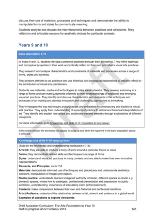 discuss their use of materials, processes and techniques and demonstrate the ability to 
manipulate forms and styles to communicate meaning. 
Students analyse and discuss the interrelationship between practices and viewpoints. They 
reflect on and articulate reasons for aesthetic choices for particular contexts. 
Years 9 and 10 
Band description 9-10 
In Years 9 and 10, students develop a personal aesthetic through their art making. They refine technical 
and conceptual properties in their work and critically reflect on their own and other’s visual arts practices. 
They research and analyse characteristics and constraints of materials and processes across a range of 
forms, styles and contexts. 
They present artworks to an audience and use historical and conceptual explanations to critically reflect on 
the contribution of visual arts practitioners. 
Students use materials, media and technologies to make visual artworks. They develop autonomy in a 
range of forms and can make judgments informed by their understandings of traditional and emerging 
visual art practices. They identify and discuss characteristics and restraints in the techniques and 
processes of art making and develop innovative and challenging approaches to art making. 
They investigate the way techniques and processes are embedded in contemporary and traditional visual 
arts practice. They apply their understanding of aspects of practice to critical and historical interpretations of 
art. They identify and explain how artists and audiences interpret artworks through explorations of different 
viewpoints. 
For more information go to Knowledge and skills 9-10 <hyperlink to box below> 
In the online version, the text below will appear in a pop up box when the hyperlink in the band description above 
is selected. 
Knowledge and skills 9–10 <pop-up box> 
(Build on the knowledge and understanding introduced in 7-8): 
Artwork: they are able to produce a body of work around a particular theme or issue 
Forms: they demonstrate refined skills and techniques in a range of forms 
Styles: understand visual art practices in many contexts and are able to make their own innovative 
representations 
Elements, and Principles: as for 7-8 
Materials: demonstrate informed use of techniques and procedures and understands aesthetics 
traditions, manipulation of images and objects, 
Studio practice: understands real and imagined ‘authority’ of studio, different spaces as studio e.g. 
domestic spaces, knows how to catalogue, professional presentation and preparation for public 
exhibition, understanding importance of articulating intent (artist statement) 
Contexts: make comparisons between their own and historical and contextual intentions 
Artist/Audience: understand the relationship between artist, artwork and audience in a global world 
Examples of questions to explore viewpoints 
Draft Australian Curriculum: The Arts Foundation to Year 10 
draft in progress at 22 February 2013 145 
 