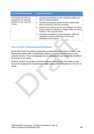 9– 10 Content Descriptions Content Elaborations 
10.6 Analyse and reflect on 
development of a personal 
aesthetic through visual arts 
making 
 articulating and reflecting on their motivation to influence or 
affect an intended audience 
 identifying and analysing aspects of other's artworks that 
make connections to their own art making 
 explaining and justifying how the role of aesthetic and critical 
knowing assists the exploration of subject matter and making 
meaning in their visual arts works 
 articulating and reflecting on personal beliefs, values and 
viewpoints and discuss motivations and structural 
orientations in their artworks 
Years 9 and 10 Achievement Standard 
By the end of Year 10, students competently conceptualise ideas in their art making. They 
demonstrate refined skills in manipulating materials, processes and techniques as they 
complete artworks. They knowledgeably discuss characteristics and constraints identified in 
the process of art making. 
Students research and analyse connections between practices and. They reflect on and 
discuss the development of a personal aesthetic making critical comparisons to the work of 
others. 
Draft Australian Curriculum: The Arts Foundation to Year 10 
draft in progress at 22 February 2013 148 

