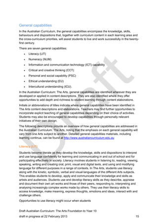 General capabilities 
In the Australian Curriculum, the general capabilities encompass the knowledge, skills, 
behaviours and dispositions that, together with curriculum content in each learning area and 
the cross-curriculum priorities, will assist students to live and work successfully in the twenty-first 
century. 
There are seven general capabilities: 
 Literacy (LIT) 
 Numeracy (NUM) 
 Information and communication technology (ICT) capability 
 Critical and creative thinking (CCT) 
 Personal and social capability (PSC) 
 Ethical understanding (EU) 
 Intercultural understanding (ICU). 
In the Australian Curriculum: The Arts, general capabilities are identified wherever they are 
developed or applied in content descriptions. They are also identified where they offer 
opportunities to add depth and richness to student learning through content elaborations. 
Initials or abbreviations of titles indicate where general capabilities have been identified in 
The Arts content descriptions and elaborations. Teachers may find further opportunities to 
incorporate explicit teaching of general capabilities depending on their choice of activities. 
Students may also be encouraged to develop capabilities through personally relevant 
initiatives of their own design. 
The following descriptions provide an overview of how general capabilities are addressed in 
the Australian Curriculum: The Arts, noting that the emphasis on each general capability will 
vary from one Arts subject to another. Detailed general capabilities materials, including 
learning continua, can be found at http://www.australiancurriculum.edu.au 
Literacy (LIT) 
Students become literate as they develop the knowledge, skills and dispositions to interpret 
and use language confidently for learning and communicating in and out of school and for 
participating effectively in society. Literacy involves students in listening to, reading, viewing, 
speaking, writing and creating oral, print, visual and digital texts, and using and modifying 
language for different purposes in a range of contexts. In The Arts, students use literacy 
along with the kinetic, symbolic, verbal and visual languages of the different Arts subjects. 
This enables students to develop, apply and communicate their knowledge and skills as 
artists and audiences. Students use and develop literacy skills as they describe, appraise 
and document their own art works and those of their peers, responding to, interpreting and 
analysing increasingly complex works made by others. They use their literacy skills to 
access knowledge, make meaning, express thoughts, emotions and ideas, interact with and 
challenge others. 
Opportunities to use literacy might occur when students 
Draft Australian Curriculum: The Arts Foundation to Year 10 
draft in progress at 22 February 2013 15 
 
