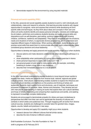  demonstrate respect for the environment by using recycled materials 
Personal and social capability (PSC) 
In the Arts, personal and social capability assists students to work to, both individually and 
collaboratively, make and respond to artworks. Arts learning provides students with regular 
opportunities to recognise, name and express their emotions while developing art form-specific 
skills and techniques. As they think about ideas and concepts in their own and 
others art works students identify and assess personal strengths, interests and challenges. 
As art-makers, performers and audience students develop and apply personal skills and 
dispositions such as self-discipline, goal setting, working independently and showing 
initiative, confidence, resilience and adaptability. They learn to empathise with the emotions, 
needs and situations of others, to appreciate diverse perspectives, and to understand and 
negotiate different types of relationships. When working with others, students develop and 
practise social skills that assist them to communicate effectively, work collaboratively, make 
considered group decisions and show leadership. 
Opportunities to develop and apply personal and social capability might occur when students 
 discuss options and make decisions collaboratively when deciding on pathways in a 
dance 
 show adaptability when participating in a group improvisation exercise in drama 
 share personal responses to media arts works such ‘I felt …’ 
 set personal goals to build vocal or instrumental skills, for example, controlling 
breathing to sustain a long note or vary dynamics 
 describe their immediate response to a visual artwork 
Intercultural understanding (ICU) 
In the Arts, intercultural understanding assists students to move beyond known worlds to 
explore new ideas, media and practices from diverse local, national, regional and global 
cultural contexts. Intercultural understanding enables students to explore the influence and 
impact of cultural identities and traditions on the practice and thinking of artists and 
audiences. Students might explore forms and structures, use of materials, techniques and 
processes or treatment of concepts, ideas, themes and characters. They develop and act 
with intercultural understanding in making art works that explore their own cultural identities 
and those of others, interpreting and comparing their experiences and worlds, and seeking 
to represent increasingly complex relationships. 
Students are encouraged to demonstrate empathy for others and open-mindedness to 
perspectives that differ from their own and to appreciate the diversity of cultures and 
contexts in which artists and audiences lives. Through engaging with art works from diverse 
cultural sources, students are challenged to consider taken-for-granted roles, images, 
objects, sounds, beliefs and practices in new ways. 
Opportunities to develop and apply ICU capability might occur when students 
 research dances from different cultures that tell similar stories 
 describe the role of drama in different cultures 
Draft Australian Curriculum: The Arts Foundation to Year 10 
draft in progress at 22 February 2013 18 
 