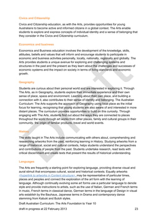 Civics and Citizenship 
Civics and Citizenship education, as with the Arts, provides opportunities for young 
Australians to become active and informed citizens in a global context. The Arts enable 
students to explore and express concepts of individual identity and a sense of belonging that 
they consider in the Civics and Citizenship curriculum. 
Economics and business 
Economics and Business education involves the development of the knowledge, skills, 
attitudes, beliefs and values that will inform and encourage students to participate in 
economic and business activities personally, locally, nationally, regionally and globally. The 
Arts provides students a unique avenue for exploring and challenging systems and 
structures in the past and the present as they learn about the challenges and successes of 
economic systems and the impact on society in terms of living standards and economic 
growth. 
Geography 
Students are curious about their personal world and are interested in exploring it. Through 
The Arts, as in Geography, students explore their immediate experience and their own 
sense of place, space and environment. Learning about their own place, and building a 
connection with it, also contributes to their sense of identity and belonging. The Australian 
Curriculum: The Arts supports the approach of Geography using local place as the initial 
focus for learning, recognising that young students are also aware of and interested in more 
distant places. The curriculum provides opportunities to build on this curiosity. Through 
engaging with The Arts, students find out about the ways they are connected to places 
throughout the world through art works from other places, family and cultural groups in their 
community, the origin of familiar products, travel and world events. 
History 
The skills taught in The Arts include communicating with others about, comprehending and 
researching artworks from the past, reinforcing learning in History. Studying artworks from a 
range of historical, social and cultural contexts, helps students understand the perspectives 
and contributions of people from the past. Students undertake research, read texts with 
critical discernment and create texts that present the results of historical understanding. 
Languages 
The Arts are frequently a starting point for exploring language, providing diverse visual and 
aural stimuli that encompass cultural, social and historical contexts. Equally artworks 
<hyperlink to artworks in Content structure>. may be representative of particular times, 
places and peoples and connect the exploration of the art form with the learning of 
language. Although continually evolving some art forms use a particular language to denote 
style and provide instructions to artists, such as the use of Italian, German and French terms 
in music, French terms in classical dance, German terms in the language of Design in visual 
arts establish by the Bauhaus, Japanese terms in Drama and contemporary dance 
stemming from Kabuki and Butoh styles. 
Draft Australian Curriculum: The Arts Foundation to Year 10 
draft in progress at 22 February 2013 23 
 