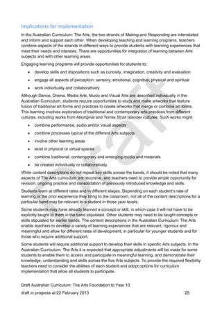 Implications for implementation 
In the Australian Curriculum: The Arts, the two strands of Making and Responding are interrelated 
and inform and support each other. When developing teaching and learning programs, teachers 
combine aspects of the strands in different ways to provide students with learning experiences that 
meet their needs and interests. There are opportunities for integration of learning between Arts 
subjects and with other learning areas. 
Engaging learning programs will provide opportunities for students to: 
 develop skills and dispositions such as curiosity, imagination, creativity and evaluation 
 engage all aspects of perception: sensory, emotional, cognitive, physical and spiritual 
 work individually and collaboratively. 
Although Dance, Drama, Media Arts, Music and Visual Arts are described individually in the 
Australian Curriculum, students require opportunities to study and make artworks that feature 
fusion of traditional art forms and practices to create artworks that merge or combine art forms. 
This learning involves exploration of traditional and contemporary arts practices from different 
cultures, including works from Aboriginal and Torres Strait Islander cultures. Such works might: 
 combine performance, audio and/or visual aspects 
 combine processes typical of the different Arts subjects 
 involve other learning areas 
 exist in physical or virtual spaces 
 combine traditional, contemporary and emerging media and materials 
 be created individually or collaboratively. 
While content descriptions do not repeat key skills across the bands, it should be noted that many 
aspects of The Arts curriculum are recursive, and teachers need to provide ample opportunity for 
revision, ongoing practice and consolidation of previously introduced knowledge and skills. 
Students learn at different rates and in different stages. Depending on each student’s rate of 
learning or the prior experience they bring to the classroom, not all of the content descriptions for a 
particular band may be relevant to a student in those year levels. 
Some students may have already learned a concept or skill, in which case it will not have to be 
explicitly taught to them in the band stipulated. Other students may need to be taught concepts or 
skills stipulated for earlier bands. The content descriptions in the Australian Curriculum: The Arts 
enable teachers to develop a variety of learning experiences that are relevant, rigorous and 
meaningful and allow for different rates of development, in particular for younger students and for 
those who require additional support. 
Some students will require additional support to develop their skills in specific Arts subjects. In the 
Australian Curriculum: The Arts it is expected that appropriate adjustments will be made for some 
students to enable them to access and participate in meaningful learning, and demonstrate their 
knowledge, understanding and skills across the five Arts subjects. To provide the required flexibility 
teachers need to consider the abilities of each student and adopt options for curriculum 
implementation that allow all students to participate. 
Draft Australian Curriculum: The Arts Foundation to Year 10 
draft in progress at 22 February 2013 25 
 