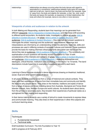 relationships relationships are always occurring when the body dances with regard to 
associations or connections; relationships between body parts (for example, 
right arm to left arm, hand to face), the body and the floor (for example, close 
to, away from), the body and objects (for example, a chair, fan, stick, scarf), 
the body and space (for example, an expansive or limited relationship), the 
body and others (for example, dance to one other or more dancers) 
Viewpoints of artists and audiences in relation to the artwork 
In both Making and Responding, students learn that meanings can be generated from 
different viewpoints <link to Viewpoints in Content Structure >and that these shift according 
to different world encounters. As students make, investigate or critique art works <link to 
artworks in Content Structure > as artists <link to artists in Content Structure >and 
audiences <link to audience in Content Structure >, they may ask and answer questions to 
interrogate the artists’ meanings and the audiences’ interpretations. Meanings and 
interpretations are informed by an understanding of how the elements, materials, skills and 
processes are used in differing contexts of societies, cultures and histories. These questions 
provide the basis for making informed critical judgments about their own dance and the 
dance they see as audiences <link to audience in Content Structure >. The complexity and 
sophistication of such questions will develop across Foundation to Year 10 with 
considerations of the interests and concerns of artists <link to artists in Content Structure > 
and audiences <link to audience in Content Structure > regarding philosophies and 
ideologies, critical theories, institutions and psychology in the Years 7 to 10 bands. The band 
descriptions include hyperlinks to examples of questions relevant to each band. 
Forms 
Learning in Dance involves students in dance experiences drawing on theatrical, traditional, 
social, ritual and other current styles of dance. 
In all years, students explore dance from a range of historical and cultural contexts. They 
begin with their experiences of dance from their immediate lives and community and identify 
the reasons why people dance. They draw on the histories, traditions and styles of dance 
from a range of places and times including dance from Australia, Aboriginal and Torres Strait 
Islander cultures, Asia, Western Europe and world cultures. As students learn about dance, 
from the primary to secondary years, they broaden their experiences of particular styles as a 
springboard for their making and responding. 
In their dance making students use a variety of stimuli to create movements to express ideas 
and communicate meaning. They also draw on their experiences in other Arts subjects and 
curriculum learning areas. 
Skills 
Techniques 
 Fundamental movement 
 Technical skills 
Draft Australian Curriculum: The Arts Foundation to Year 10 
draft in progress at 22 February 2013 30 
 