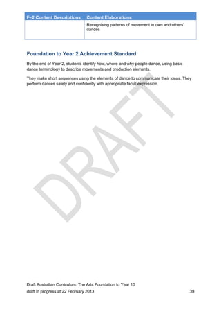 F–2 Content Descriptions Content Elaborations 
Recognising patterns of movement in own and others’ 
dances 
Foundation to Year 2 Achievement Standard 
By the end of Year 2, students identify how, where and why people dance, using basic 
dance terminology to describe movements and production elements. 
They make short sequences using the elements of dance to communicate their ideas. They 
perform dances safely and confidently with appropriate facial expression. 
Draft Australian Curriculum: The Arts Foundation to Year 10 
draft in progress at 22 February 2013 39 
 