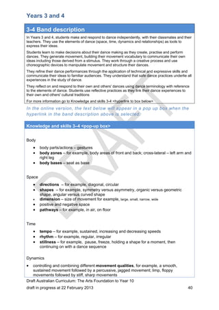 Years 3 and 4 
3-4 Band description 
In Years 3 and 4, students make and respond to dance independently, with their classmates and their 
teachers. They use the elements of dance (space, time, dynamics and relationships) as tools to 
express their ideas. 
Students learn to make decisions about their dance making as they create, practise and perform 
dances. They generate movement, building their movement vocabulary to communicate their own 
ideas including those derived from a stimulus. They work through a creative process and use 
choreographic devices to manipulate movement and structure their dances. 
They refine their dance performances through the application of technical and expressive skills and 
communicate their ideas to familiar audiences. They understand that safe dance practices underlie all 
experiences in the study of dance. 
They reflect on and respond to their own and others' dances using dance terminology with reference 
to the elements of dance. Students use reflective practices as they link their dance experiences to 
their own and others' cultural traditions 
For more information go to Knowledge and skills 3-4 <hyperlink to box below> 
In the online version, the text below will appear in a pop up box when the 
hyperlink in the band description above is selected. 
Knowledge and skills 3–4 <pop-up box> 
Body 
 body parts/actions – gestures 
 body zones – for example, body areas of front and back; cross-lateral – left arm and 
right leg 
 body bases – seat as base 
Space 
 directions – for example, diagonal, circular 
 shapes – for example, symmetry versus asymmetry, organic versus geometric 
shape, angular versus curved shape 
 dimension – size of movement for example, large, small, narrow, wide 
 positive and negative space 
 pathways – for example, in air, on floor 
Time 
 tempo – for example, sustained, increasing and decreasing speeds 
 rhythm – for example, regular, irregular 
 stillness – for example, pause, freeze, holding a shape for a moment, then 
continuing on with a dance sequence 
Dynamics 
 controlling and combining different movement qualities, for example, a smooth, 
sustained movement followed by a percussive, jagged movement; limp, floppy 
movements followed by stiff, sharp movements 
Draft Australian Curriculum: The Arts Foundation to Year 10 
draft in progress at 22 February 2013 40 
 