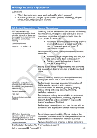 Knowledge and skills 5–6 <pop-up box> 
Evaluations 
 Which dance elements were used well and for which purpose? 
 How was your mood changed by this dance? (refer to: the energy, shapes, 
tempo, music, staging in your answer) 
5–6 Content Descriptions Content Elaborations 
6.1 Experiment with and 
manipulate movement for dance 
using the elements of dance and 
choreographic devices to create 
dances that communicate 
meaning 
General capabilities 
ICU, PSC, LIT, NUM, CCT 
Choosing specific elements of dance when improvising 
new movement, in response to a stimulus to extend 
movement vocabulary and communicate ideas for 
short dances, for example: 
 How might exploring the relationship of close 
proximity of dancers grouped together be 
used to represent a current issue of 
overcrowded cities? 
Exploring stimulus to devise a variety of movement possibilities, 
for example: 
 How many ways can you jump and land, roll 
and stand, spiral down to the ground? 
 Can you create a shape that is like the 
shapes in this painting? 
Making a new dance by experimenting with elements 
in a range of set, teacher-directed or student-devised 
dance 
Selecting, combining, arranging and refining movement using 
choreographic devices such as canon and unison 
6.2 Develop and perform 
technical skills in fundamental 
movements safely to enhance 
their dancing 
General capabilities 
PSC, CCT 
Cross-curriculum priorities 
ATSIHC 
Performing an extensive range and combination of 
fundamental movements with or without 
accompaniment, for example, galloping, jumping, 
sliding, rolling, slithering, spinning, shrinking, 
exploding, collapsing 
Practising and refining technical skills in movements 
with increasing body control, accuracy, alignment, 
strength, balance and coordination in response to 
teacher’s and peers’ feedback 
Performing a range of learnt and own dances with an 
awareness and appreciation of their body capabilities 
6.3 Perform dances using 
expressive skills to communicate 
a choreographer’s ideas for a 
range of contexts and audiences 
General capabilities 
Developing expressive skills of focus, clarity of the 
movement, confidence and facial expression/character 
to present dance ideas for an intended audience 
Applying the elements of dance in dance contexts to 
Draft Australian Curriculum: The Arts Foundation to Year 10 
draft in progress at 22 February 2013 46 
 