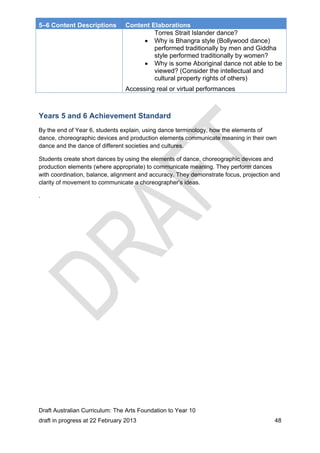 5–6 Content Descriptions Content Elaborations 
Torres Strait Islander dance? 
 Why is Bhangra style (Bollywood dance) 
performed traditionally by men and Giddha 
style performed traditionally by women? 
 Why is some Aboriginal dance not able to be 
viewed? (Consider the intellectual and 
cultural property rights of others) 
Accessing real or virtual performances 
Years 5 and 6 Achievement Standard 
By the end of Year 6, students explain, using dance terminology, how the elements of 
dance, choreographic devices and production elements communicate meaning in their own 
dance and the dance of different societies and cultures. 
Students create short dances by using the elements of dance, choreographic devices and 
production elements (where appropriate) to communicate meaning. They perform dances 
with coordination, balance, alignment and accuracy. They demonstrate focus, projection and 
clarity of movement to communicate a choreographer’s ideas. 
. 
Draft Australian Curriculum: The Arts Foundation to Year 10 
draft in progress at 22 February 2013 48 
 