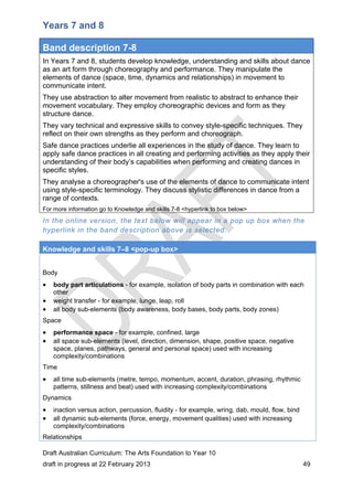 Years 7 and 8 
Band description 7-8 
In Years 7 and 8, students develop knowledge, understanding and skills about dance 
as an art form through choreography and performance. They manipulate the 
elements of dance (space, time, dynamics and relationships) in movement to 
communicate intent. 
They use abstraction to alter movement from realistic to abstract to enhance their 
movement vocabulary. They employ choreographic devices and form as they 
structure dance. 
They vary technical and expressive skills to convey style-specific techniques. They 
reflect on their own strengths as they perform and choreograph. 
Safe dance practices underlie all experiences in the study of dance. They learn to 
apply safe dance practices in all creating and performing activities as they apply their 
understanding of their body’s capabilities when performing and creating dances in 
specific styles. 
They analyse a choreographer's use of the elements of dance to communicate intent 
using style-specific terminology. They discuss stylistic differences in dance from a 
range of contexts. 
For more information go to Knowledge and skills 7-8 <hyperlink to box below> 
In the online version, the text below will appear in a pop up box when the 
hyperlink in the band description above is selected. 
Knowledge and skills 7–8 <pop-up box> 
Body 
 body part articulations - for example, isolation of body parts in combination with each 
other 
 weight transfer - for example, lunge, leap, roll 
 all body sub-elements (body awareness, body bases, body parts, body zones) 
Space 
 performance space - for example, confined, large 
 all space sub-elements (level, direction, dimension, shape, positive space, negative 
space, planes, pathways, general and personal space) used with increasing 
complexity/combinations 
Time 
 all time sub-elements (metre, tempo, momentum, accent, duration, phrasing, rhythmic 
patterns, stillness and beat) used with increasing complexity/combinations 
Dynamics 
 inaction versus action, percussion, fluidity - for example, wring, dab, mould, flow, bind 
 all dynamic sub-elements (force, energy, movement qualities) used with increasing 
complexity/combinations 
Relationships 
Draft Australian Curriculum: The Arts Foundation to Year 10 
draft in progress at 22 February 2013 49 
 