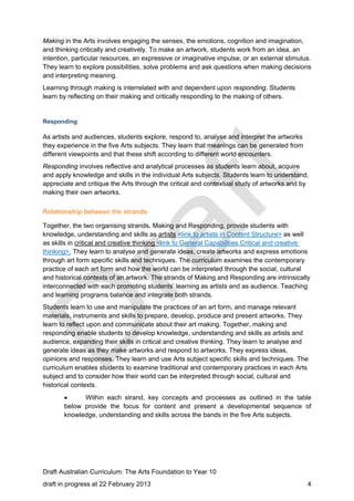 Making in the Arts involves engaging the senses, the emotions, cognition and imagination, 
and thinking critically and creatively. To make an artwork, students work from an idea, an 
intention, particular resources, an expressive or imaginative impulse, or an external stimulus. 
They learn to explore possibilities, solve problems and ask questions when making decisions 
and interpreting meaning. 
Learning through making is interrelated with and dependent upon responding. Students 
learn by reflecting on their making and critically responding to the making of others. 
Responding 
As artists and audiences, students explore, respond to, analyse and interpret the artworks 
they experience in the five Arts subjects. They learn that meanings can be generated from 
different viewpoints and that these shift according to different world encounters. 
Responding involves reflective and analytical processes as students learn about, acquire 
and apply knowledge and skills in the individual Arts subjects. Students learn to understand, 
appreciate and critique the Arts through the critical and contextual study of artworks and by 
making their own artworks. 
Relationship between the strands 
Together, the two organising strands, Making and Responding, provide students with 
knowledge, understanding and skills as artists <link to artists in Content Structure> as well 
as skills in critical and creative thinking <link to General Capabilities Critical and creative 
thinking>. They learn to analyse and generate ideas, create artworks and express emotions 
through art form specific skills and techniques. The curriculum examines the contemporary 
practice of each art form and how the world can be interpreted through the social, cultural 
and historical contexts of an artwork. The strands of Making and Responding are intrinsically 
interconnected with each promoting students’ learning as artists and as audience. Teaching 
and learning programs balance and integrate both strands. 
Students learn to use and manipulate the practices of an art form, and manage relevant 
materials, instruments and skills to prepare, develop, produce and present artworks. They 
learn to reflect upon and communicate about their art making. Together, making and 
responding enable students to develop knowledge, understanding and skills as artists and 
audience, expanding their skills in critical and creative thinking. They learn to analyse and 
generate ideas as they make artworks and respond to artworks. They express ideas, 
opinions and responses. They learn and use Arts subject specific skills and techniques. The 
curriculum enables students to examine traditional and contemporary practices in each Arts 
subject and to consider how their world can be interpreted through social, cultural and 
historical contexts. 
 Within each strand, key concepts and processes as outlined in the table 
below provide the focus for content and present a developmental sequence of 
knowledge, understanding and skills across the bands in the five Arts subjects. 
Draft Australian Curriculum: The Arts Foundation to Year 10 
draft in progress at 22 February 2013 4 
 
