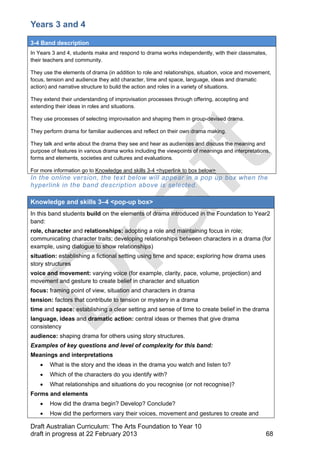 Years 3 and 4 
3-4 Band description 
In Years 3 and 4, students make and respond to drama works independently, with their classmates, 
their teachers and community. 
They use the elements of drama (in addition to role and relationships, situation, voice and movement, 
focus, tension and audience they add character, time and space, language, ideas and dramatic 
action) and narrative structure to build the action and roles in a variety of situations. 
They extend their understanding of improvisation processes through offering, accepting and 
extending their ideas in roles and situations. 
They use processes of selecting improvisation and shaping them in group-devised drama. 
They perform drama for familiar audiences and reflect on their own drama making. 
They talk and write about the drama they see and hear as audiences and discuss the meaning and 
purpose of features in various drama works including the viewpoints of meanings and interpretations, 
forms and elements, societies and cultures and evaluations. 
For more information go to Knowledge and skills 3-4 <hyperlink to box below> 
In the online version, the text below will appear in a pop up box when the 
hyperlink in the band description above is selected. 
Knowledge and skills 3–4 <pop-up box> 
In this band students build on the elements of drama introduced in the Foundation to Year2 
band: 
role, character and relationships: adopting a role and maintaining focus in role; 
communicating character traits; developing relationships between characters in a drama (for 
example, using dialogue to show relationships) 
situation: establishing a fictional setting using time and space; exploring how drama uses 
story structures 
voice and movement: varying voice (for example, clarity, pace, volume, projection) and 
movement and gesture to create belief in character and situation 
focus: framing point of view, situation and characters in drama 
tension: factors that contribute to tension or mystery in a drama 
time and space: establishing a clear setting and sense of time to create belief in the drama 
language, ideas and dramatic action: central ideas or themes that give drama 
consistency 
audience: shaping drama for others using story structures. 
Examples of key questions and level of complexity for this band: 
Meanings and interpretations 
 What is the story and the ideas in the drama you watch and listen to? 
 Which of the characters do you identify with? 
 What relationships and situations do you recognise (or not recognise)? 
Forms and elements 
 How did the drama begin? Develop? Conclude? 
 How did the performers vary their voices, movement and gestures to create and 
Draft Australian Curriculum: The Arts Foundation to Year 10 
draft in progress at 22 February 2013 68 
 