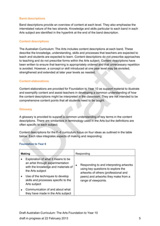 Band descriptions 
Band descriptions provide an overview of content at each level. They also emphasise the 
interrelated nature of the two strands. Knowledge and skills particular to each band in each 
Arts subject are identified in the hyperlink at the end of the band description. 
Content descriptions 
The Australian Curriculum: The Arts includes content descriptions at each band. These 
describe the knowledge, understanding, skills and processes that teachers are expected to 
teach and students are expected to learn. Content descriptions do not prescribe approaches 
to teaching and do not prescribe forms within the Arts subject. Content descriptions have 
been written to ensure that learning is appropriately ordered and that unnecessary repetition 
is avoided. However, a concept or skill introduced at one year level may be revisited, 
strengthened and extended at later year levels as needed. 
Content elaborations 
Content elaborations are provided for Foundation to Year 10 as support material to illustrate 
and exemplify content and assist teachers in developing a common understanding of how 
the content descriptions might be interpreted in the classroom. They are not intended to be 
comprehensive content points that all students need to be taught. 
Glossary 
A glossary is provided to support a common understanding of key terms in the content 
descriptions. There are similarities in terminology used in the Arts but the definitions are 
often specific to each subject. 
Content descriptions for the F–6 curriculum focus on four ideas as outlined in the table 
below. Each idea integrates aspects of making and responding: 
Foundation to Year 6 
Making Responding 
 Exploration of what it means to be 
an artist through experimentation 
with the knowledge and materials of 
the Arts subject 
 Use of the techniques to develop 
skills and processes specific to the 
Arts subject 
 Communication of and about what 
they have made in the Arts subject 
 Responding to and interpreting artworks 
using key questions to explore the 
artworks of others (professional and 
peers) and artworks they make from a 
range of viewpoints. 
Draft Australian Curriculum: The Arts Foundation to Year 10 
draft in progress at 22 February 2013 5 
 