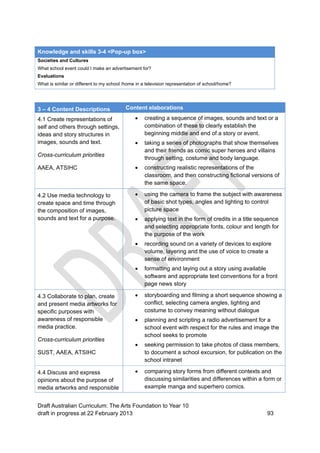 Knowledge and skills 3-4 <Pop-up box> 
Societies and Cultures 
What school event could I make an advertisement for? 
Evaluations 
What is similar or different to my school /home in a television representation of school/home? 
3 – 4 Content Descriptions Content elaborations 
4.1 Create representations of 
self and others through settings, 
ideas and story structures in 
images, sounds and text. 
Cross-curriculum priorities 
AAEA, ATSIHC 
 creating a sequence of images, sounds and text or a 
combination of these to clearly establish the 
beginning middle and end of a story or event. 
 taking a series of photographs that show themselves 
and their friends as comic super heroes and villains 
through setting, costume and body language. 
 constructing realistic representations of the 
classroom, and then constructing fictional versions of 
the same space. 
4.2 Use media technology to 
create space and time through 
the composition of images, 
sounds and text for a purpose. 
 using the camera to frame the subject with awareness 
of basic shot types, angles and lighting to control 
picture space 
 applying text in the form of credits in a title sequence 
and selecting appropriate fonts, colour and length for 
the purpose of the work 
 recording sound on a variety of devices to explore 
volume, layering and the use of voice to create a 
sense of environment 
 formatting and laying out a story using available 
software and appropriate text conventions for a front 
page news story 
4.3 Collaborate to plan, create 
and present media artworks for 
specific purposes with 
awareness of responsible 
media practice. 
Cross-curriculum priorities 
SUST, AAEA, ATSIHC 
 storyboarding and filming a short sequence showing a 
conflict, selecting camera angles, lighting and 
costume to convey meaning without dialogue 
 planning and scripting a radio advertisement for a 
school event with respect for the rules and image the 
school seeks to promote 
 seeking permission to take photos of class members, 
to document a school excursion, for publication on the 
school intranet 
4.4 Discuss and express 
opinions about the purpose of 
media artworks and responsible 
 comparing story forms from different contexts and 
discussing similarities and differences within a form or 
example manga and superhero comics. 
Draft Australian Curriculum: The Arts Foundation to Year 10 
draft in progress at 22 February 2013 93 
 