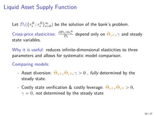 Liquid Asset Supply Function
Let Dt({rK
s ; rB
s }∞
s=0) be the solution of the bank’s problem.
Cross-price elasticities: ∂Dt/∂rK
s
Dt
depend only on Θ̄rK , γ and steady
state variables.
Why it is useful: reduces infinite-dimensional elasticities to three
parameters and allows for systematic model comparison.
Comparing models:
- Asset diversion: Θ̄rK , Θ̄rB , γ  0 , fully determined by the
steady state.
- Costly state verification  costly leverage: Θ̄rK , Θ̄rB  0,
γ = 0, not determined by the steady state
10 / 17
 
