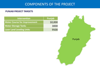 PUNJAB PROJECT TARGETS
Intervention Punjab
Water Course for Improvement 10,000
Water Storage Tanks 3000
Laser Land Leveling Units 9500
Punjab
COMPONENTS OF THE PROJECT
 