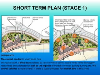 COMMENTS:
More detail needed to understand how
this would work. Safety issues related to service vehicle access would need to be thoroughly
researched and addressed as well as the logistics of multiple vehicles parking turning etc. Will
council vehicles also park here? Is there a space allocated for rubbish bins in this area?
SHORT TERM PLAN (STAGE 1)
 