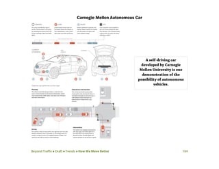 Beyond Traffic  Draft  Trends  How We Move Better 104
Carnegie Mellon Autonomous Car
A self-driving car
developed by Carnegie
Mellon University is one
demonstration of the
possibility of autonomous
vehicles.
 